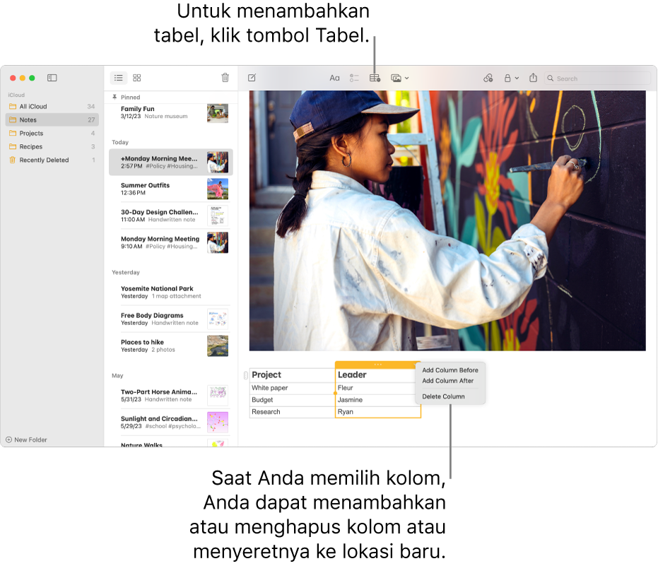 Jendela Catatan menampilkan tombol Tabel—klik jendela untuk menambahkan tabel. Dalam konten catatan, kolom tabel dipilih agar Anda dapat menambahkan atau menghapus kolom atau menyeretnya ke lokasi baru.