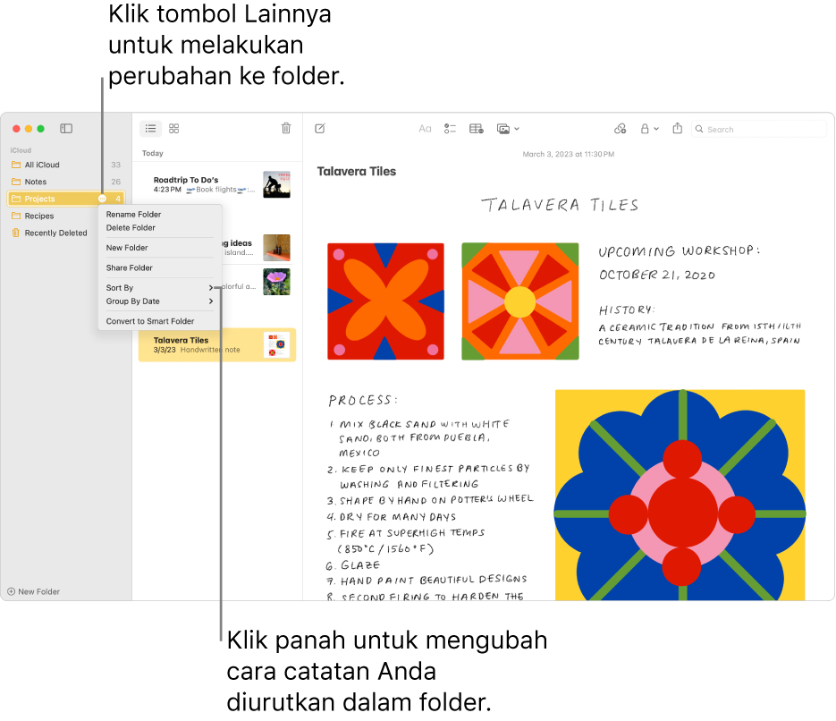 Jendela Catatan dengan satu folder di bar samping menampilkan tombol Lainnya tempat Anda dapat membuat perubahan ke folder. Di atas daftar catatan di bagian tengah terdapat pilihan pengurutan, yang mengubah urutan catatan—klik panah untuk memilih urutan pengurutan yang berbeda.