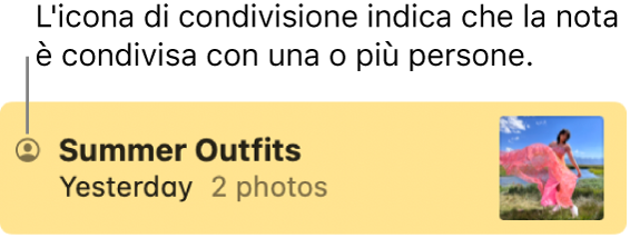 Una nota che è stata condivisa con altre persone, con l’icona Condivisa a sinistra del nome della nota.