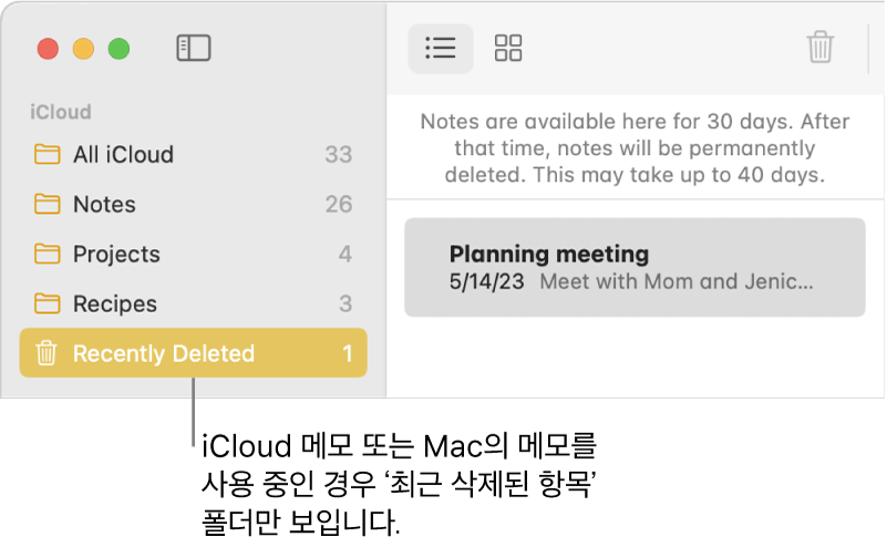 사이드바에 최근 삭제된 항목 폴더와 최근 삭제된 메모가 있는 메모 앱 윈도우. iCloud 메모를 사용하거나 Mac에서 메모를 사용하는 경우, 최근 삭제된 항목 폴더만 나타남.