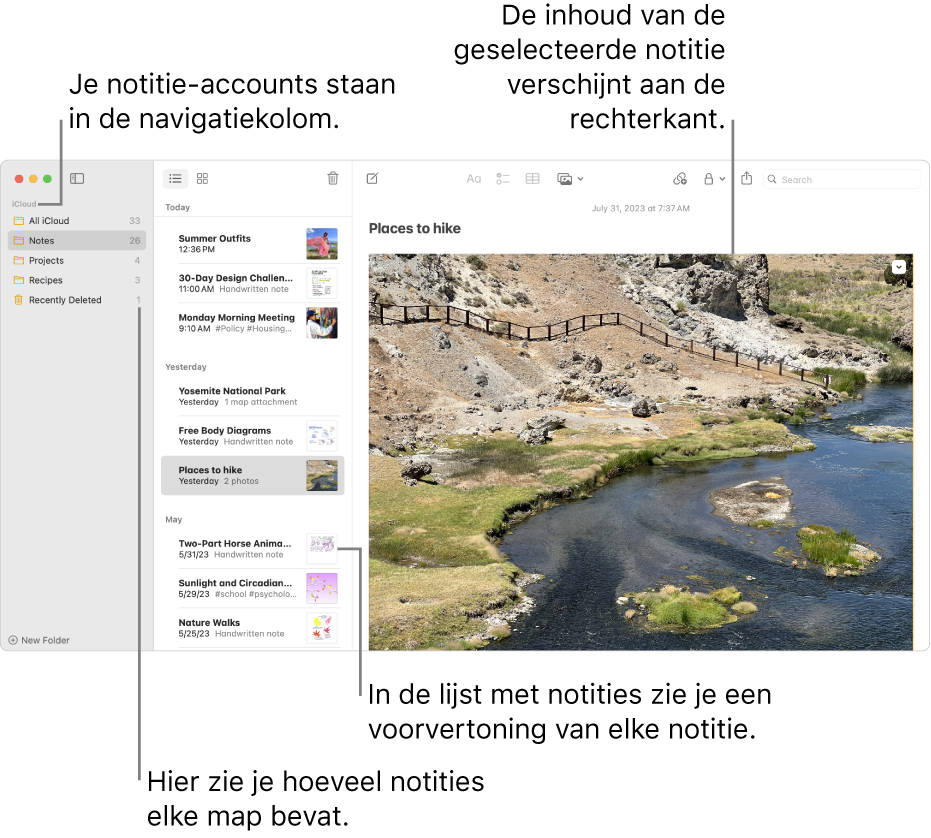 Het Notities-venster met al je geconfigureerde accounts en mappen in de navigatiekolom aan de linkerkant, de lijst met notities in het midden met een voorvertoning van elke notitie en de inhoud van de geselecteerde notitie aan de rechterkant. Het aantal notities wordt naast elke map weergegeven.