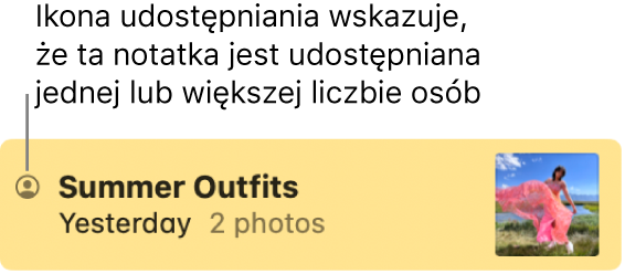 Notatka, która została udostępniona innym osobom oraz ikona przycisku udostępniania po lewej stronie nazwy notatki.