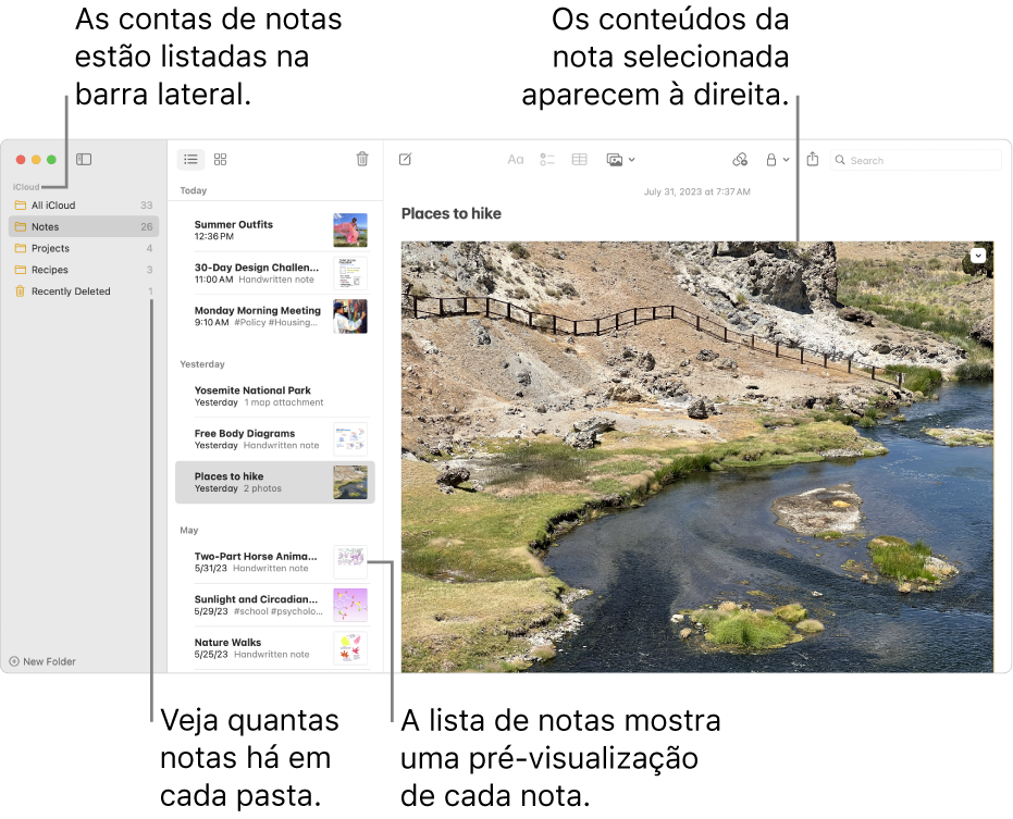 Janela do app Notas com todas as contas configuradas e pastas listadas na barra lateral à esquerda, a lista de notas no meio mostrando a pré-visualização de cada uma delas e o conteúdo da nota selecionada à direita. O número de notas aparece ao lado de cada pasta.