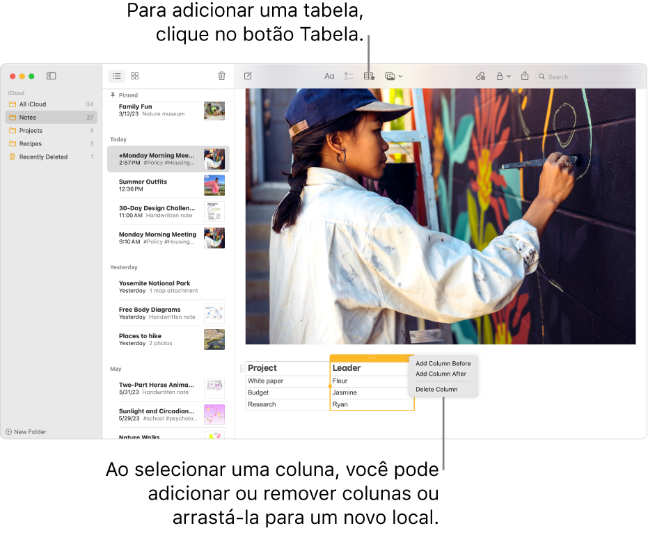 A janela Notas a mostrar o botão Tabela, clique-lhe para adicionar uma tabela. Dentro do conteúdo da nota, é selecionada uma coluna da tabela para que adicione ou remova colunas ou para que a arraste para um novo local.