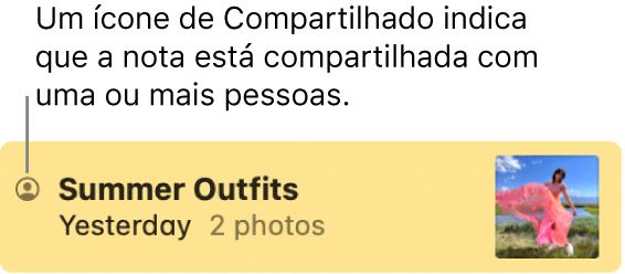 Uma nota que foi partilhada com outras pessoas, com o ícone de Partilha à esquerda do nome da nota.