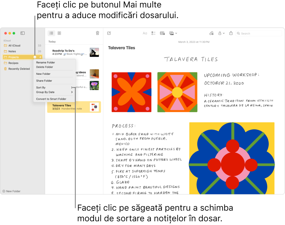 Fereastra Notițe cu un dosar în bara laterală afișând butonul Mai multe în locul unde puteți efectua schimbări la un dosar. Deasupra listei de notițe din mijloc se află opțiunea de sortare, care schimbă ordinea notițelor – faceți clic pe săgeată pentru a selecta o ordine de sortare diferită.