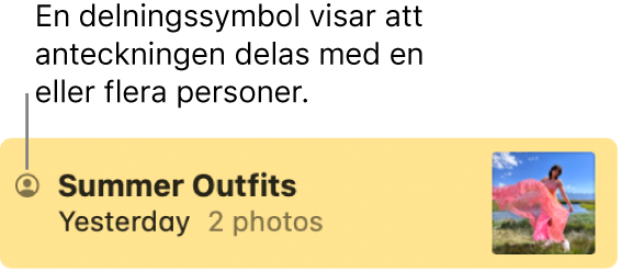 En anteckning som har delats med andra, med symbolen för att den är delad till vänster om anteckningens namn.