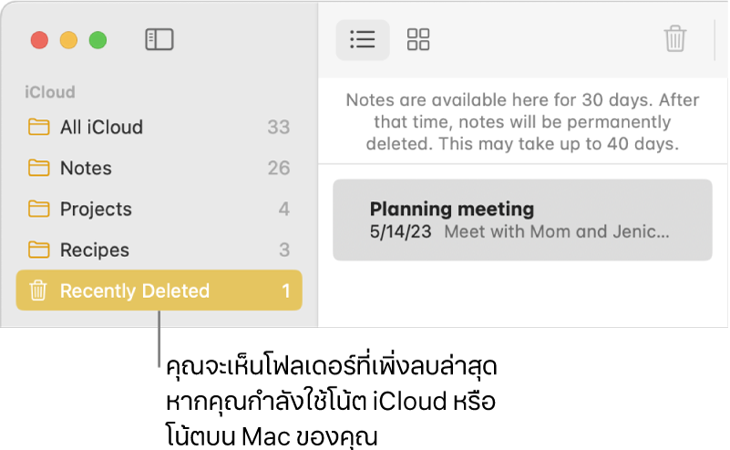หน้าต่างโน้ตที่มีโฟลเดอร์ที่เพิ่งลบล่าสุดในแถบด้านข้างและโน้ตที่เพิ่งลบล่าสุด คุณจะเห็นเฉพาะโฟลเดอร์ที่เพิ่งลบล่าสุดหากคุณใช้โน้ตบน iCloud หรือโน้ตบน Mac ของคุณ