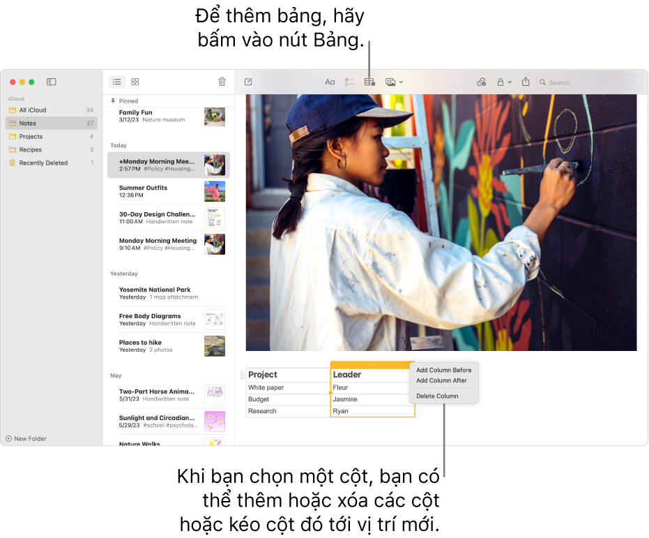Cửa sổ Ghi chú đang hiển thị nút Bảng – bấm vào nút đó để thêm bảng. Bên trong nội dung ghi chú, cột bảng được chọn, do đó, bạn có thể thêm hoặc xóa các cột hoặc kéo cột bảng đó tới vị trí mới.