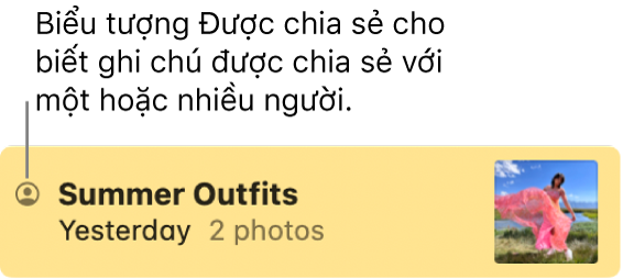 Một ghi chú đã được chia sẻ với những người khác, với biểu tượng Được chia sẻ ở phía bên trái của tên ghi chú.