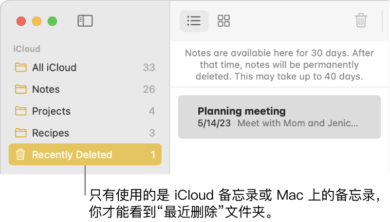 “备忘录”窗口，包含边栏中的“最近删除”文件夹和最新删除的备忘录。如果使用的是 iCloud 备忘录或 Mac 上的备忘录，你只会看到“最近删除”文件夹。