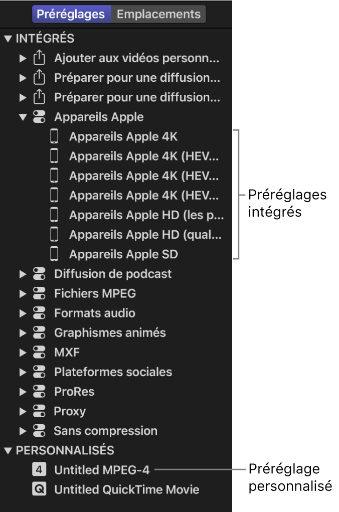 Fenêtre Préréglages affichant un ensemble de préréglages intégrés et personnalisés.