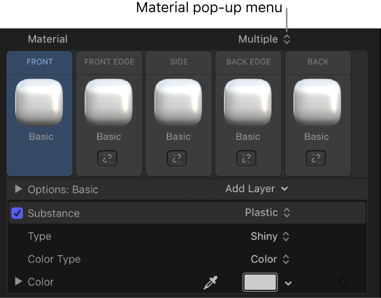 3D-Textinformationsfenster mit dem Einblendmenü „Material“ und der Option „Mehrfach“