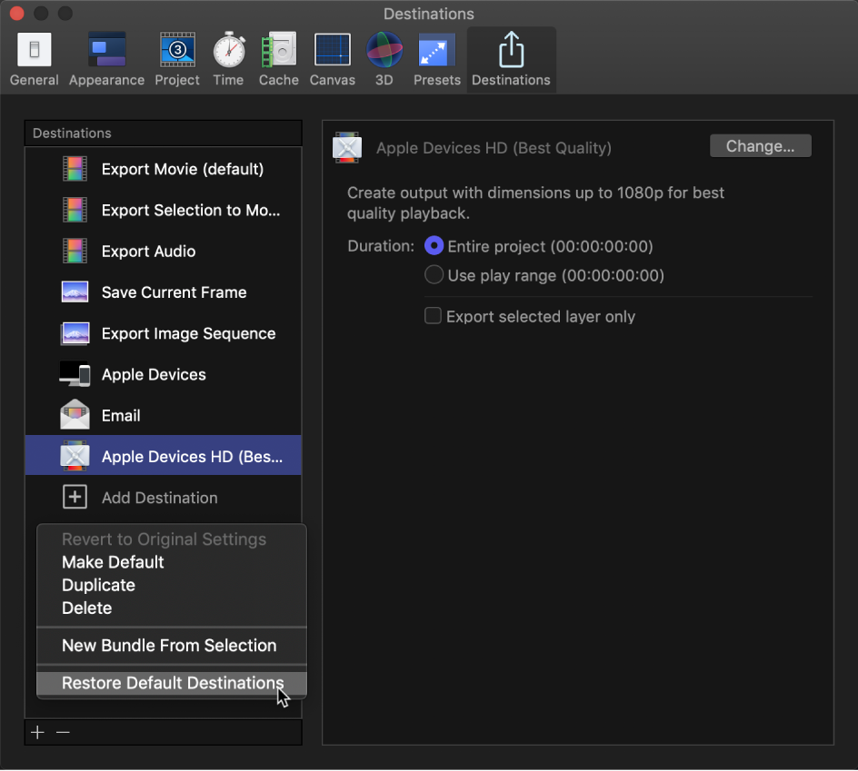 Motion Settings window showing Restore Default Destinations option in shortcut menu of Destinations pane