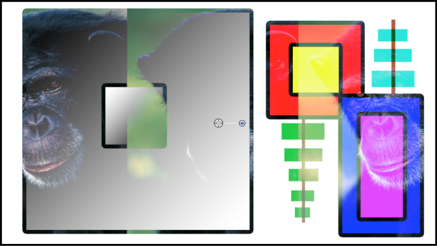 Canvas showing the boxes and the monkey blended using the Lighten mode