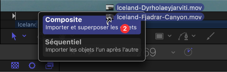 Mini-timeline montrant les options de dépôt pour plusieurs sélections d’objets.