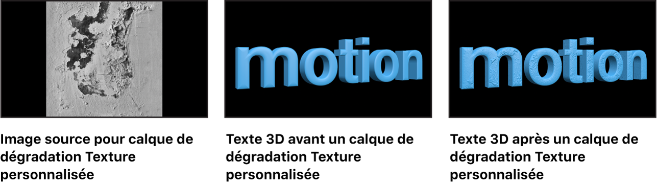 Canevas affichant une image utilisée comme calque de déprédation Bosses personnalisées, et le texte 3D avant et après l’application de ce calque