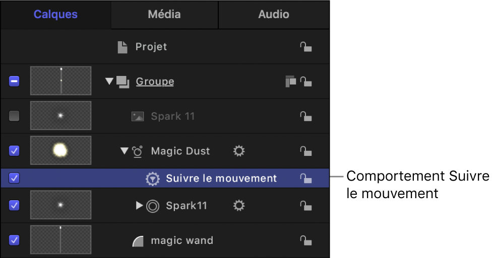 Liste Calques affichant le comportement Suivre le mouvement appliqué à un émetteur de particules