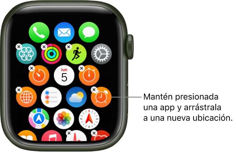 Pantalla de inicio del Apple Watch en la visualización como cuadrícula.