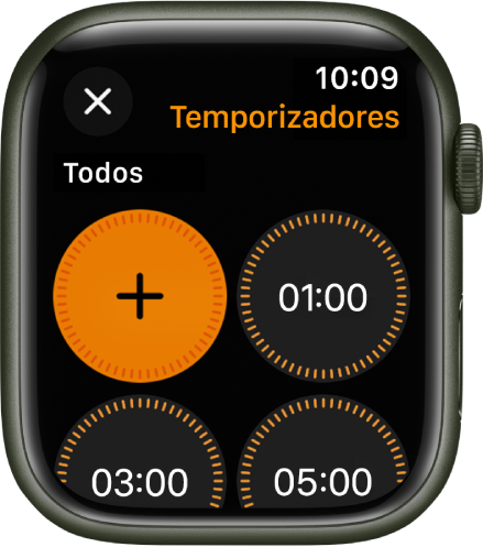 La pantalla de la app Temporizador mostrando el botón Agregar para crear un nuevo temporizador y temporizador rápidos de 1, 3 o 5 minutos.