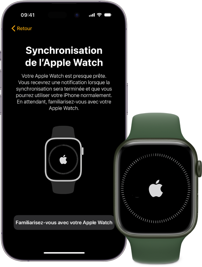 Un iPhone et une Apple Watch affichant leur écran de synchronisation.