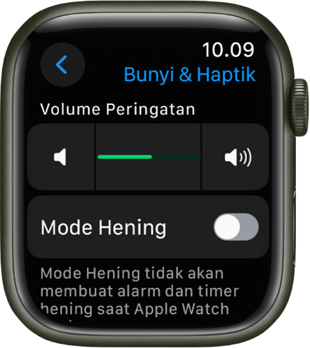 Pengaturan Bunyi & Haptik di Apple Watch, dengan penggeser Volume Peringatan di bagian atas, pengalih Mode Hening di bawahnya.