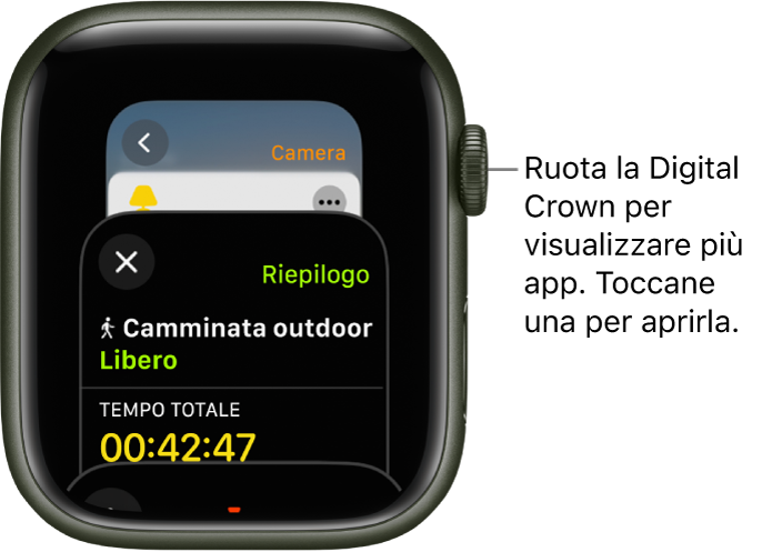 L’elenco applicazioni con l’app Allenamento. Ruota la Digital Crown per visualizzare altre app. Toccane una per aprirla.