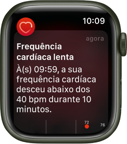 O ecrã “Frequência cardíaca lenta”, com uma notificação de que a sua frequência cardíaca baixou dos 40 BPM, apesar de ter permanecido inativo durante 10 minutos.