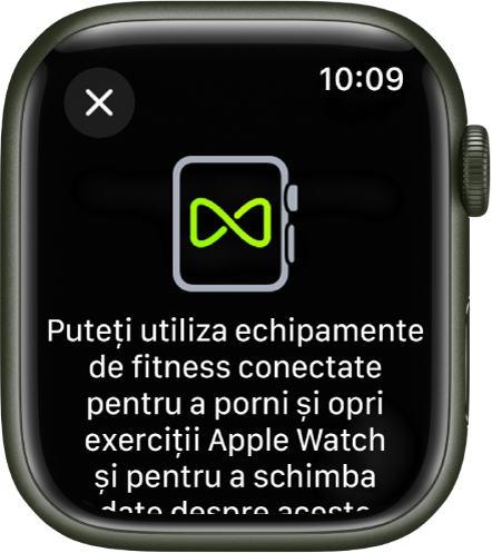 Un ecran de asociere care apare atunci când asociați Apple Watch-ul cu echipamentul de fitness.