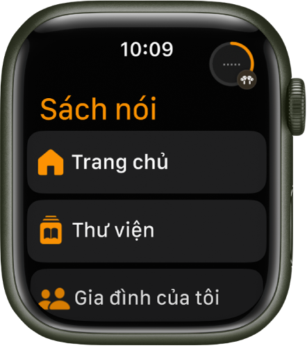 Ứng dụng Sách nói đang hiển thị các nút Trang chủ, Thư viện và Gia đình của tôi.