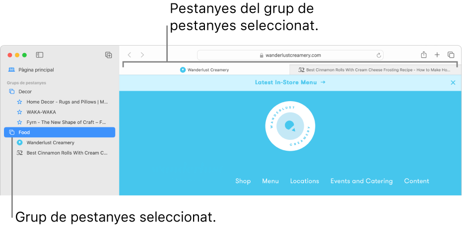 Una finestra del Safari amb la barra lateral i un grup de pestanyes seleccionat.