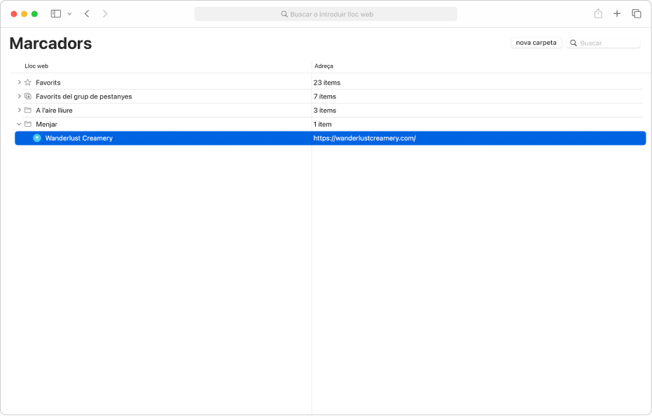 La finestra “Editar els marcadors” al Safari.
