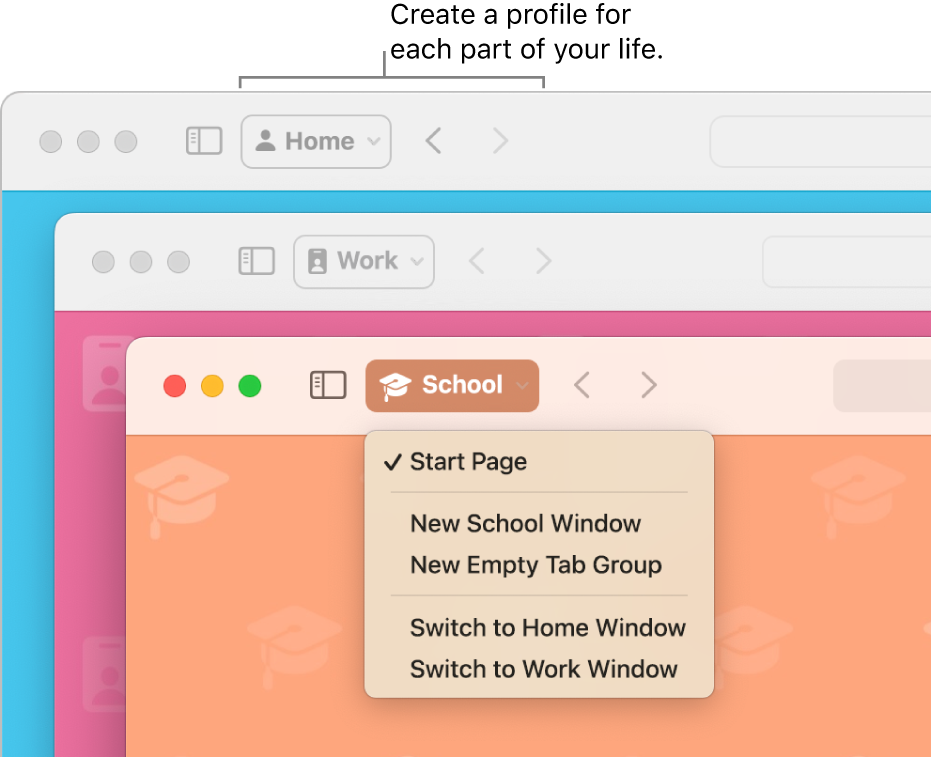 Three Safari profile windows: one for home, one for work and one for school.