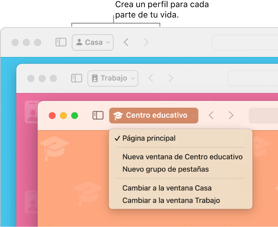 Tres ventanas de perfil de Safari: una para la casa, una para el trabajo y una para la escuela.