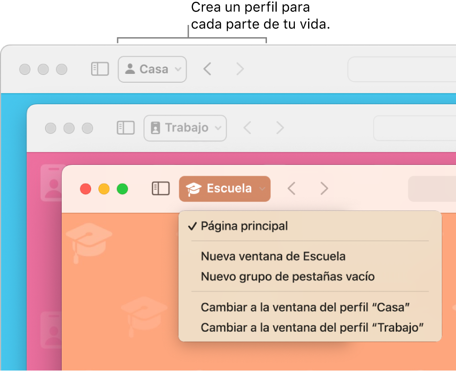 Tres ventanas de perfiles de Safari: una para la casa, otra para el trabajo y otra para la escuela.