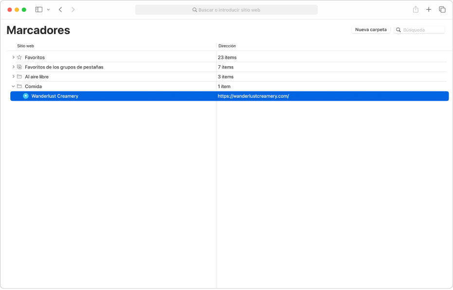La ventana “Editar marcadores” de Safari.