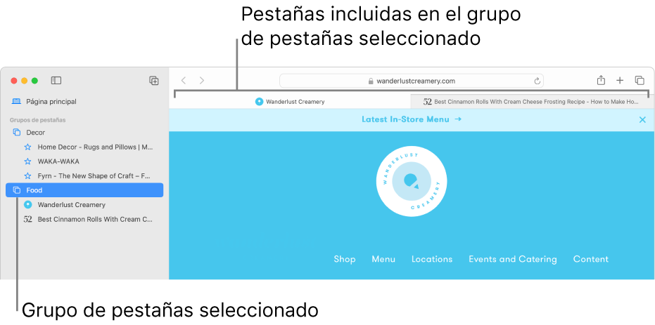Una ventana de Safari con un grupo de pestañas seleccionado en la barra lateral.