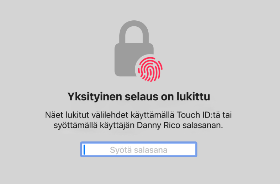 Ikkuna, jossa pyydetään Touch ID:tä tai salasanaa yksityisen selauksen ikkunoiden avaamiseen.