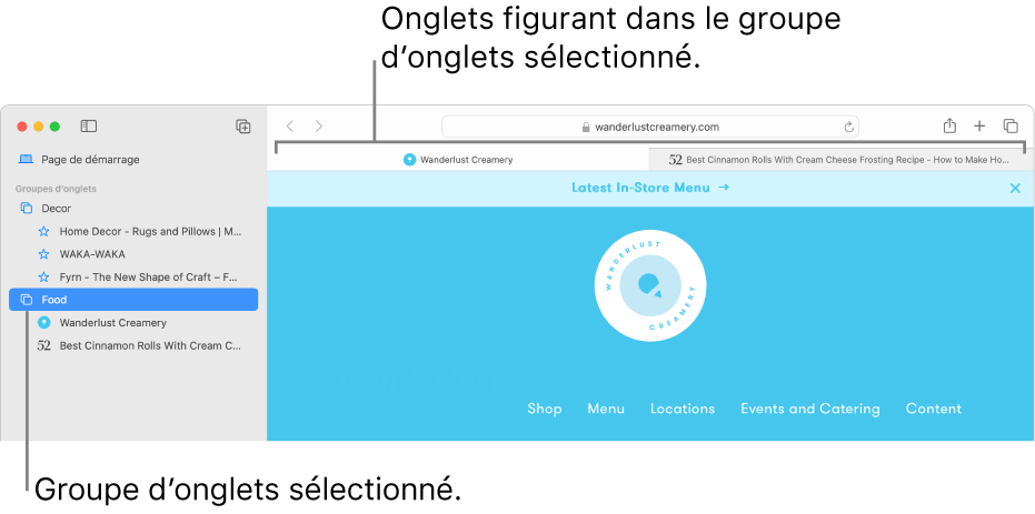 Fenêtre Safari affichant la barre latérale avec un groupe d’onglets sélectionné.