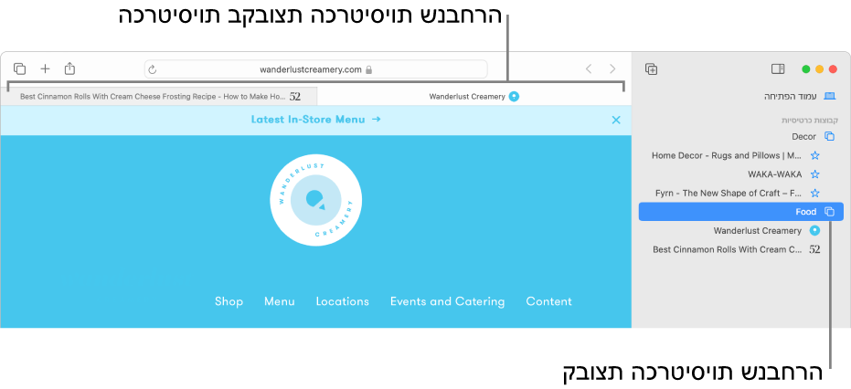 חלון של Safari המציג את סרגל הצד וקבוצת כרטיסיות מסומנת.