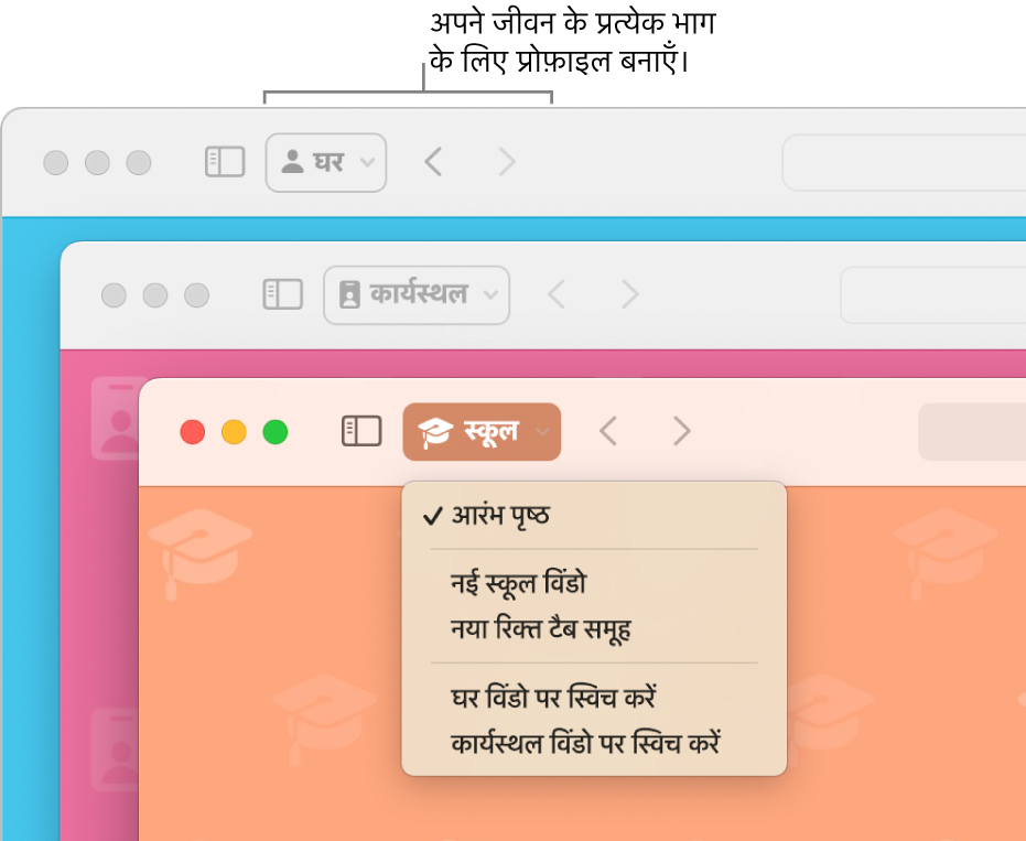 तीन Safari प्रोफ़ाइल विंडो : एक घर के लिए, एक काम के लिए और एक स्कूल के लिए।