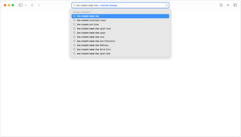 Pametno polje za pretraživanje preglednika Safari, gdje možete unijeti naziv web stranice ili URL.