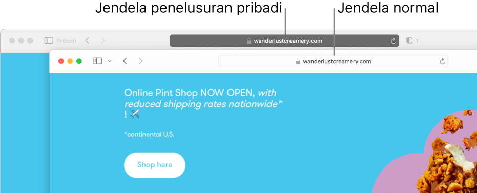 Jendela Safari pribadi dengan bidang Pencarian Cerdas gelapnya, dan jendela Safari normal dengan bidang Pencarian Cerdas terangnya.