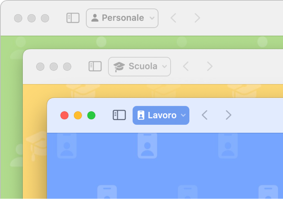 Le finestre di tre profili in Safari: uno per l’uso personale, uno per la scuola e uno per il lavoro.