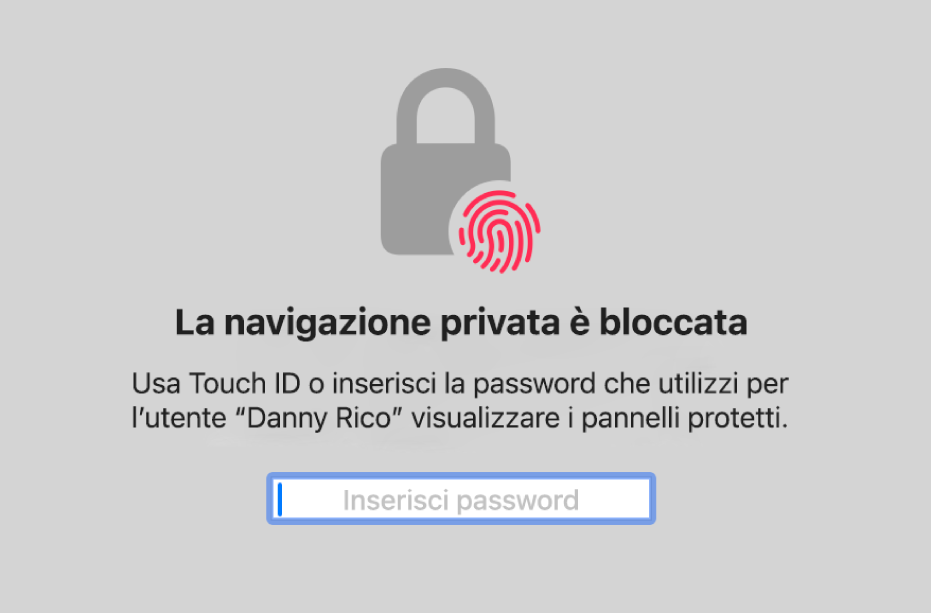 Una finestra che richiede il Touch ID o la password per sbloccare i pannelli e le finestre di “Navigazione privata”.