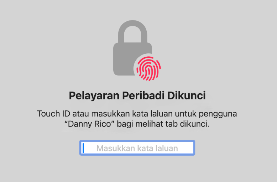 Tetingkap meminta Touch ID atau kata laluan anda untuk membuka kunci tetingkap Pelayaran Peribadi.