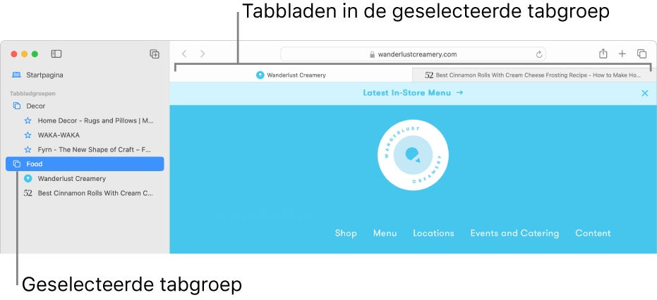 Een Safari-venster waarin in de navigatiekolom een tabbladgroep is geselecteerd.