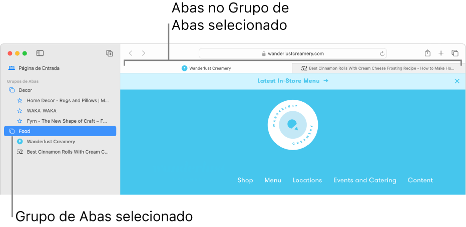Uma janela do Safari mostrando a barra lateral com um Grupo de Abas selecionado.