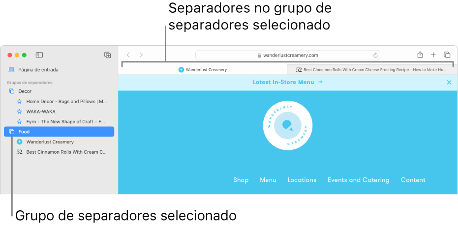 Uma janela do Safari a mostrar a barra lateral com um grupo de separadores selecionado.