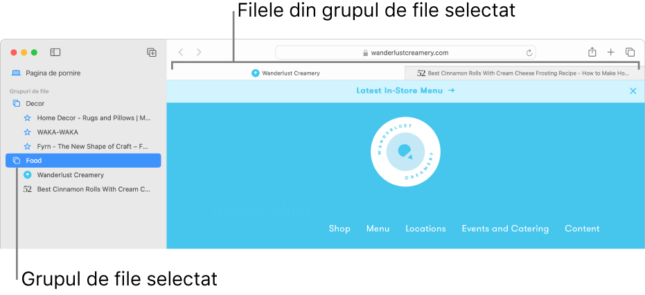 O fereastră Safari care afișează bara laterală cu un grup de file selectat.